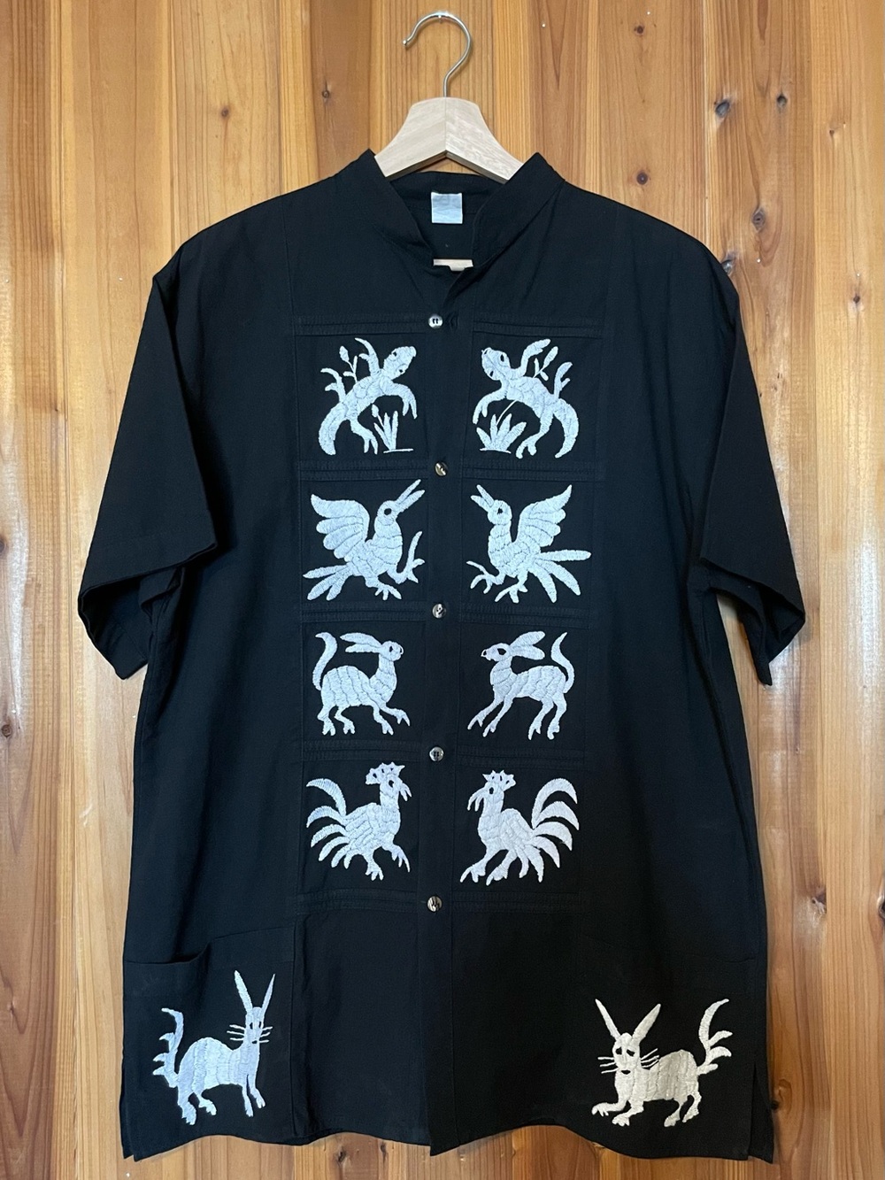 Hand Crafted Black Short-Sleeve Button-Down Shirt with White Animal Embroidery